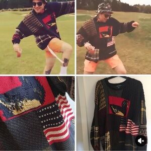 90’s Vintage Nautica Men's Patchwork Crewneck Sweater in Black, Red & Cream